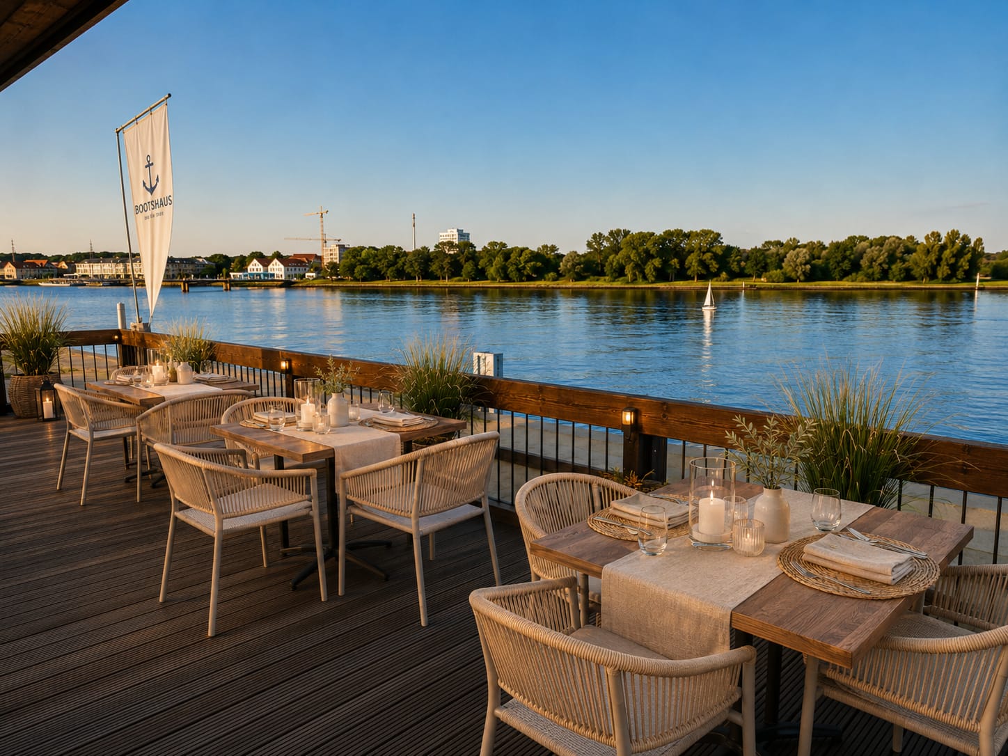 Terrasse des Bootshaus im Abendlicht direkt am Wasser